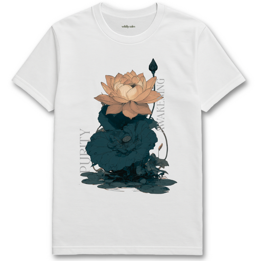 Lotus-Purity Awakening_White t-shirt with a floral design and text for Yoga - Wildly Calm
