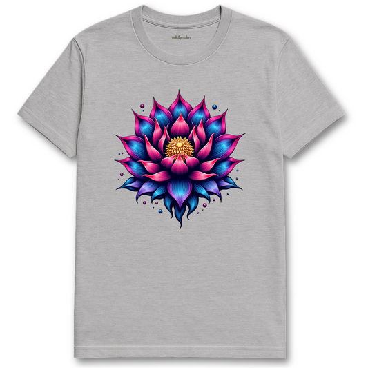 Sports Grey Lotus Art t-shirt with a colorful lotus flower design for Yoga -Wildly Calm