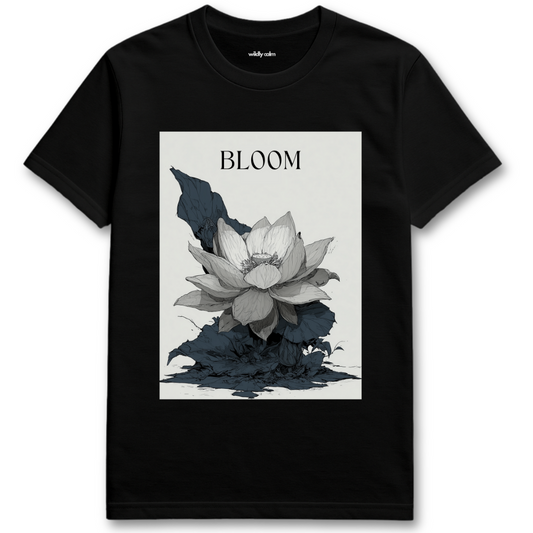 Lotus Bloom_Black t-shirt with a graphic of a flower and the word 'BLOOM' for Yoga- Wildly calm