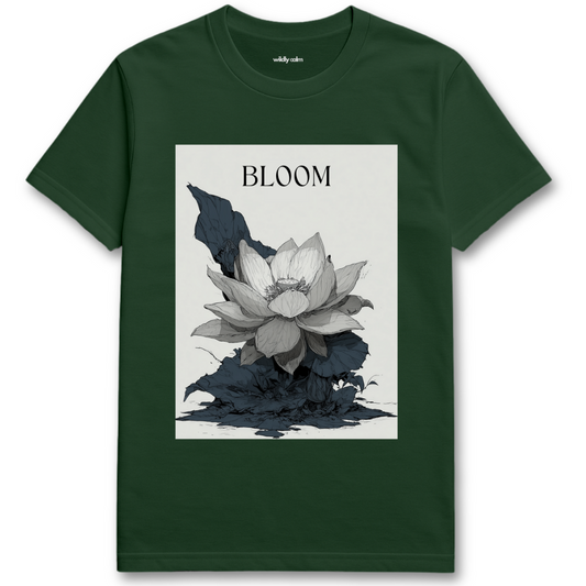 Lotus Bloom_Forest Green t-shirt with a graphic of a flower and the word 'BLOOM' for Yoga- Wildly calm
