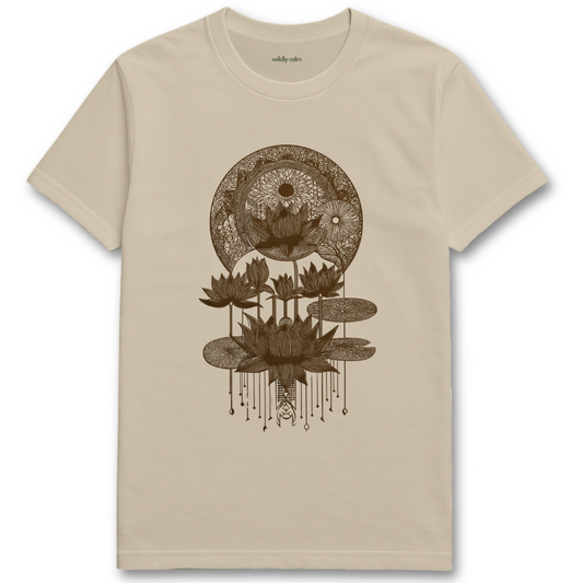 Lotus Flowstate_sand/ beige t-shirt with brown floral and moon design wildly calm