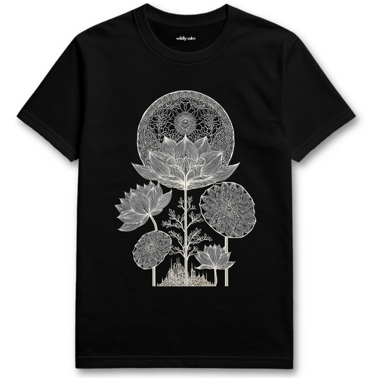 Lotus Luminescence_Black t-shirt with white floral and mandala design for Yoga - Wildly calm