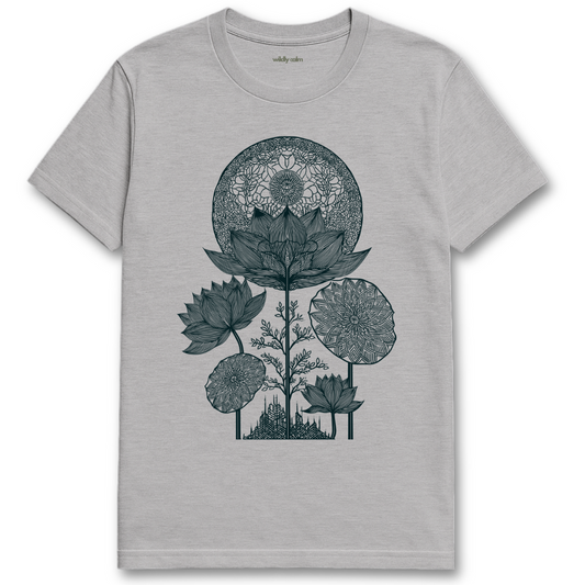 Lotus Luminescence_Sports Grey t-shirt with white floral and mandala design for Yoga - Wildly calm