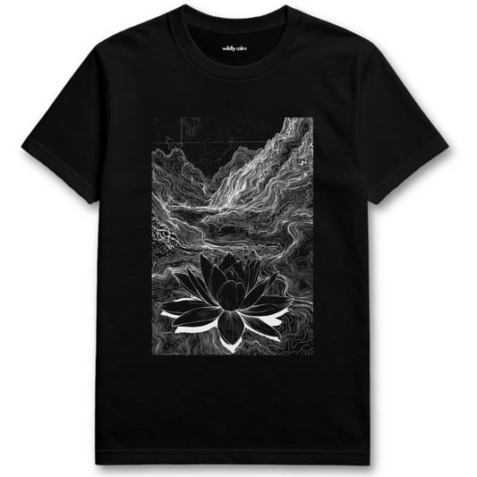 Lotus Mud Journey_Black t-shirt with a white lotus flower design for Yoga - Wildly Calm
