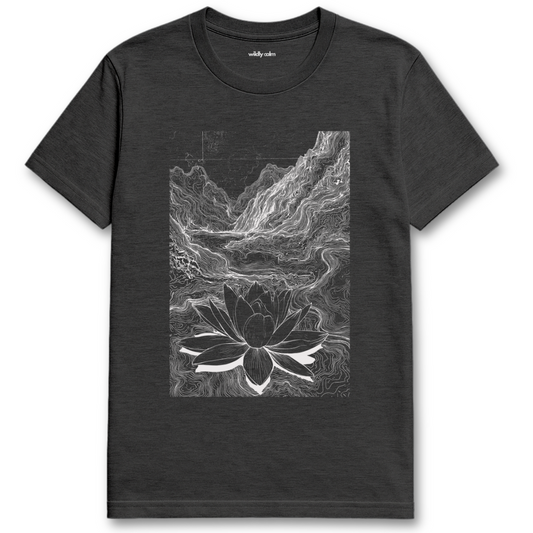 Lotus Mud Journey_Dark Heeather Grey t-shirt with a white lotus flower design for Yoga - Wildly Calm