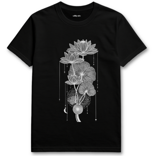 Lotus Rhythm_Black t-shirt with black lotus flower design for Yoga - Wildly calm