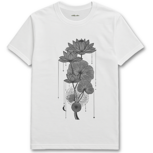 Lotus Rhythm_White t-shirt with black lotus flower design for Yoga - Wildly calm