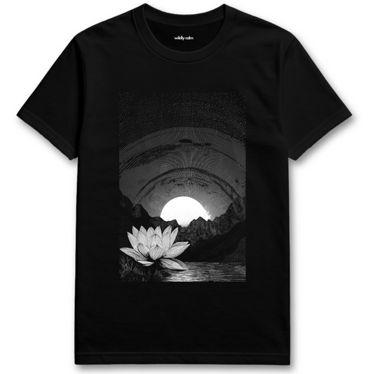 Lotus Scenery_Black t-shirt with a black and white graphic of a lotus flower and mountains. For yoga - Wildly Calm