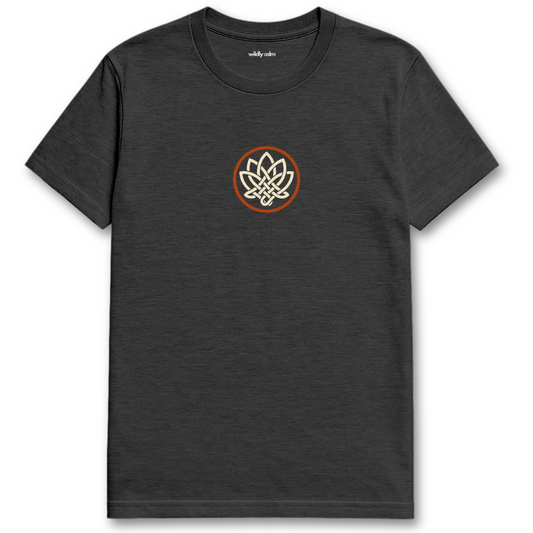 Dark Heather Grey Lotus Threads t-shirt with a circular logo for yoga - Wildly Calm