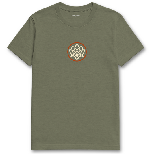 Heather Military Green Lotus Threads t-shirt with a circular logo for yoga - Wildly Calm