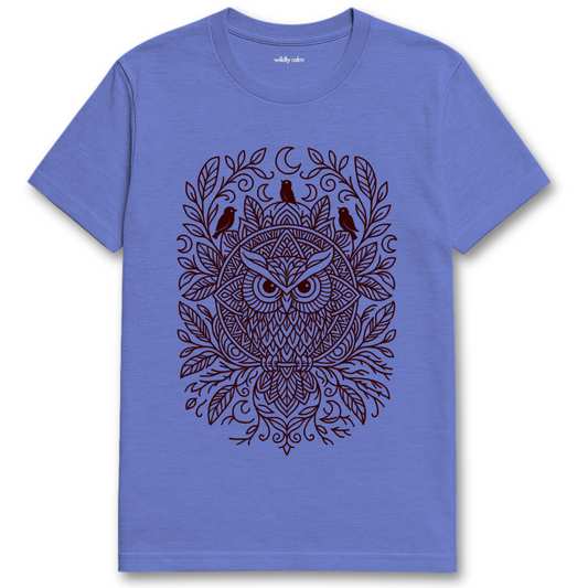 Wildly Calm_Lunar Owl Mandala_Heather Royal Blue yoga t-shirt with an owl design on a white background