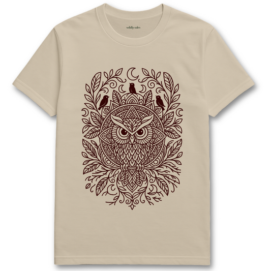Wildly Calm_Lunar Owl Mandala_sand/ beige yoga t-shirt with an owl design on a white background