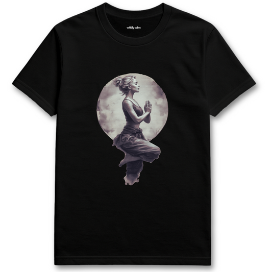 Lunar Yoga Pose Black yoga t-shirt with a graphic of a woman in a meditative pose against a moonlit background - wildly calm