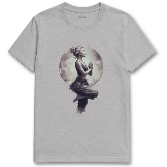Lunar Yoga Pose sports grey yoga t-shirt with a graphic of a woman in a meditative pose against a moonlit background - wildly calm
