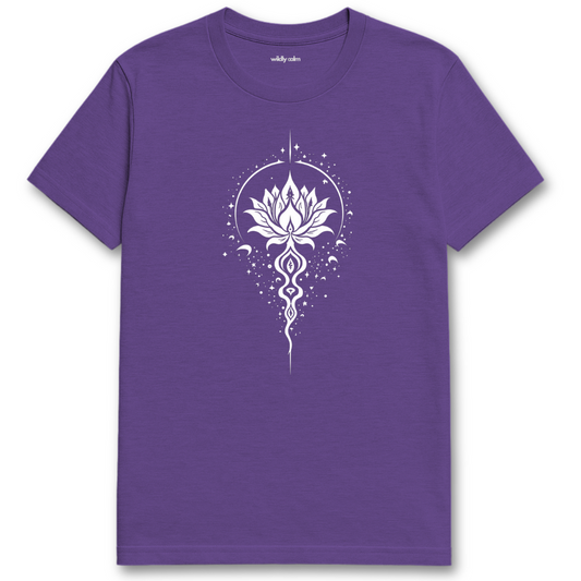 Magical Lotus_Heather Purple t-shirt with a white lotus flower design for yoga - Willdy Calm