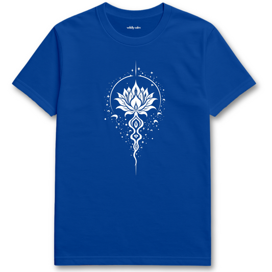 Magical Lotus_Royal Blue t-shirt with a white lotus flower design for yoga - Willdy Calm