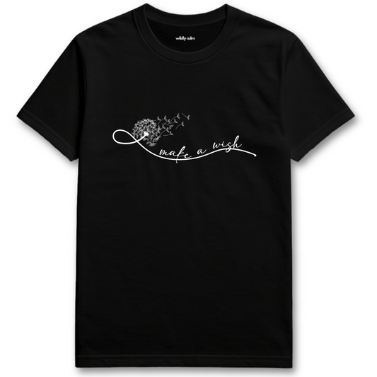 Make a Wish with Dandelion_Black yoga t-shirt with white text and design - wildly calm