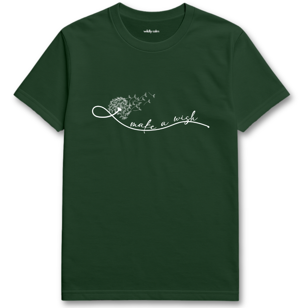 Make a Wish with Dandelion_Forest green yoga t-shirt with white text and design - wildly calm