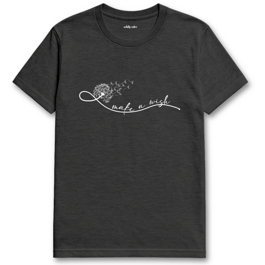 Make a Wish with Dandelion_Heather Dark Grey t-shirt with white text and design - wildly calm