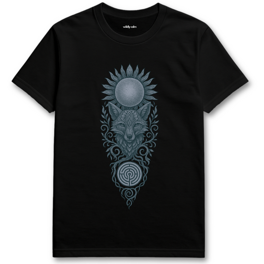 Black Mandala-Fox-Labyrinth t-shirt with a Fox design featuring a sun and moon on a white background for Yoga - -Wildly Calm