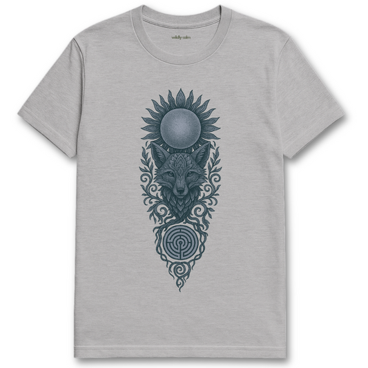 Sports Gray Mandala-Fox-Labyrinth t-shirt with a Fox design featuring a sun and moon on a white background for Yoga - -Wildly Calm