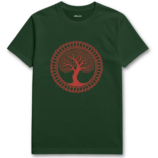Mandala Tree_Forest Green yoga t-shirt with a red tree design on a white background