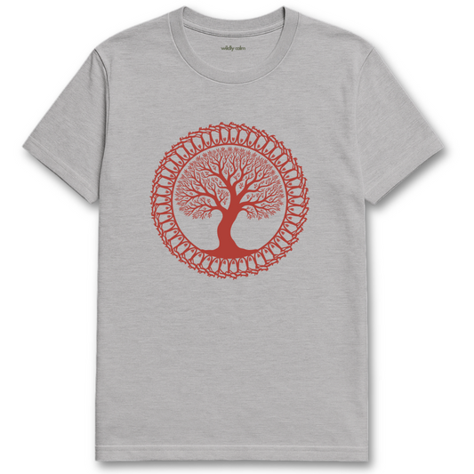 Mandala Tree_white yoga t-shirt with a red tree design on a white background