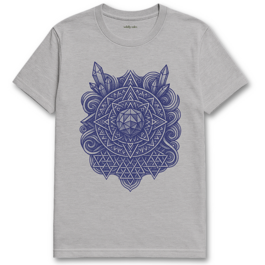 Wildly Calm_Mandala of Awakening sports grey yoga t-shirt with a black geometric design on a white background