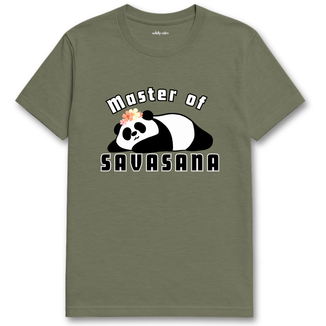 Master of Savasana with Panda_Heather Military Green yoga t-shirt with a panda graphic and text 'Master of Savasana' - wildly calm
