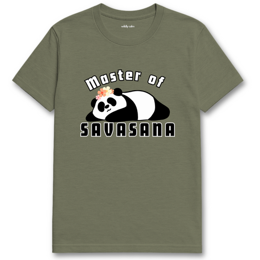 Master of Savasana with Panda_Heather Military Green yoga t-shirt with a panda graphic and text 'Master of Savasana' - wildly calm