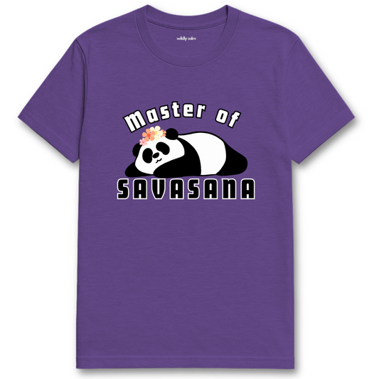 Master of Savasana with Panda_Heather purple yoga t-shirt with a panda graphic and text 'Master of Savasana' - wildly calm