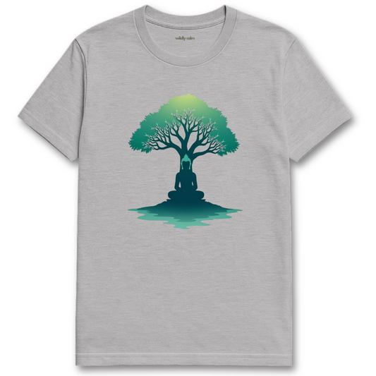Meditating Buddha_Sports Grey t-shirt with a green tree and sitting figure design on a white background for yoga - wildly calm