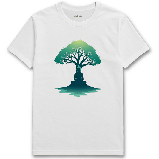 Meditating Buddha_white t-shirt with a green tree and sitting figure design on a white background for yoga - wildly calm