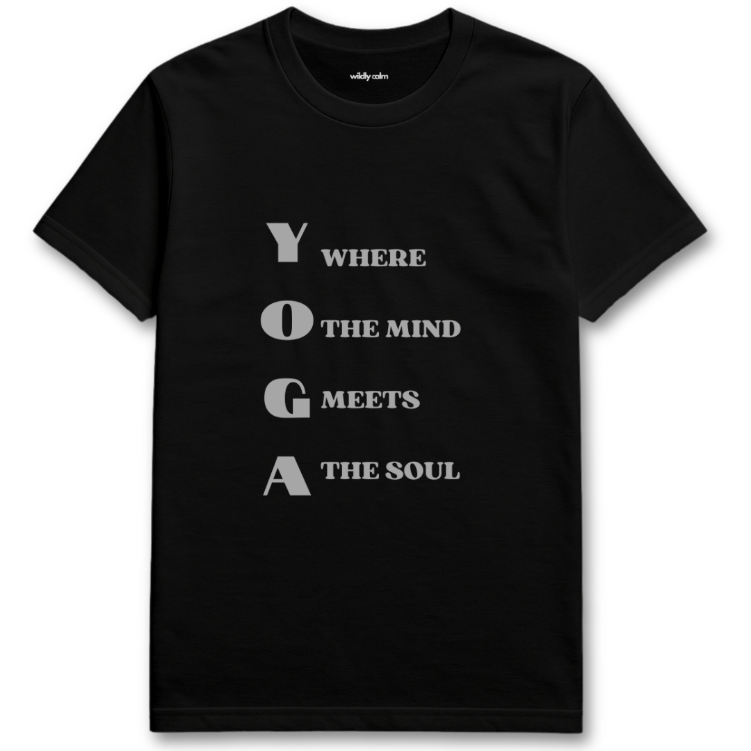 Mind Meets Soul_black yoga t-shirt with white text - wildly calm