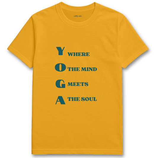 Mind Meets Soul_Gold yoga t-shirt with blue text - wildly calm