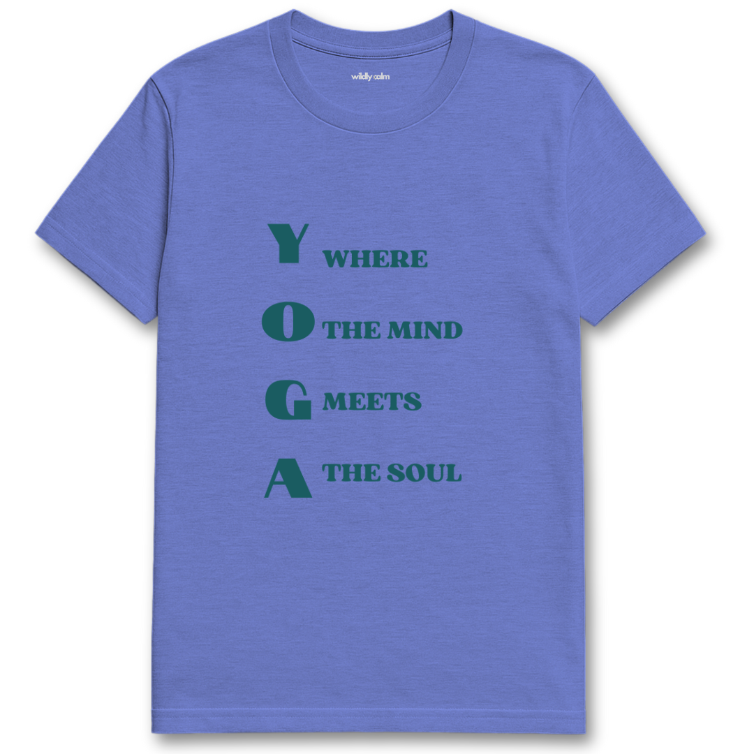 Mind Meets Soul_Heather Royal blue yoga t-shirt with green text - wildly calm
