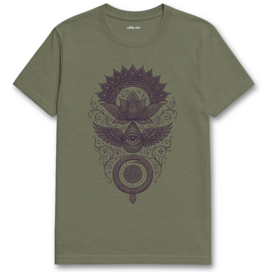 Heaather Military Green Moon-Eye-Ouroboros t-shirt with a black intricate design featuring an eye, feathers, and floral elements on a white background for Yoga - Wildly Calm 