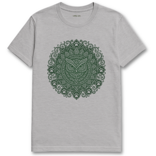 Wildly Calm_Moonlit Sage Owl Mandala_Sports Grey yoga t-shirt with a green owl mandala design on a white background