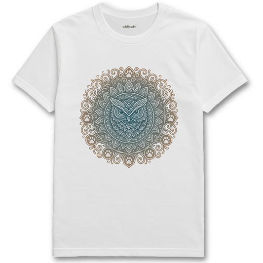 Wildly Calm_Moonlit Sage Owl Mandala_white yoga t-shirt with a green owl mandala design on a white background