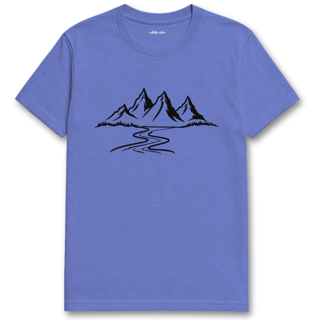 Mountain Serenity_Heather royal blue yoga t-shirt with a mountain graphic - wildly calm