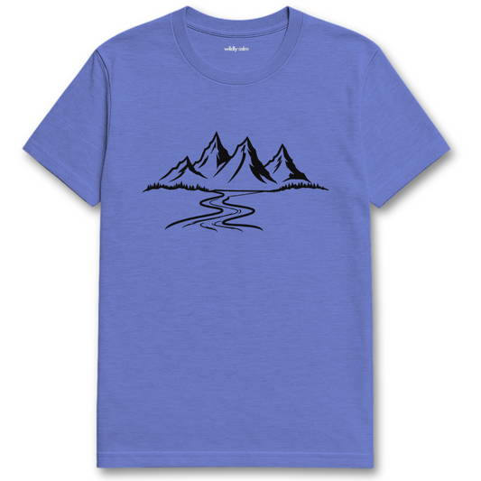 Mountain Serenity_Heather royal blue yoga t-shirt with a mountain graphic - wildly calm