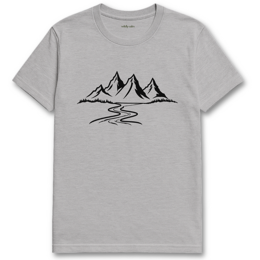 Mountain Serenity_Sports Grey t-shirt with a mountain graphic - wildly calm