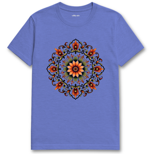 Mystic Bloom Mandala_Heather Royal t-shirt with a colorful floral mandala design on a white background for yoga