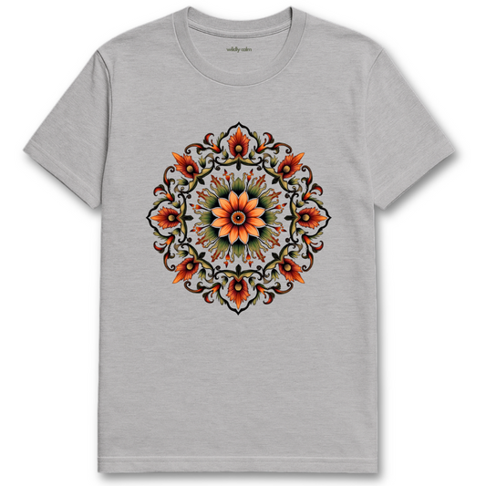 Mystic Bloom Mandala_Sports Grey t-shirt with a colorful floral mandala design on a white background for yoga