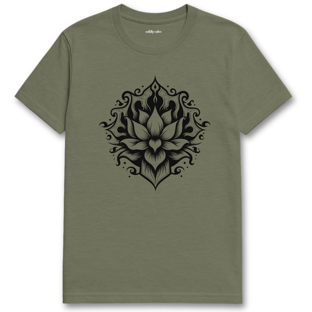 Mystic Lotus Heather Military Green t-shirt with a black lotus flower design for yoga - Wildly Calm
