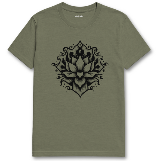 Mystic Lotus Heather Military Green t-shirt with a black lotus flower design for yoga - Wildly Calm