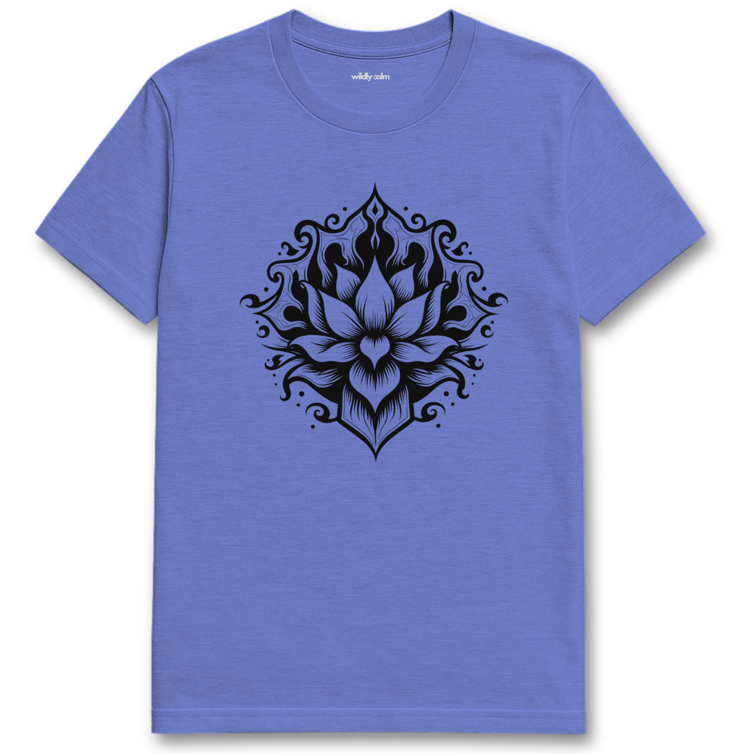 Mystic Lotus Heather Royal t-shirt with a black lotus flower design for yoga - Wildly Calm