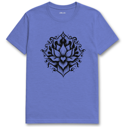 Mystic Lotus Heather Royal t-shirt with a black lotus flower design for yoga - Wildly Calm