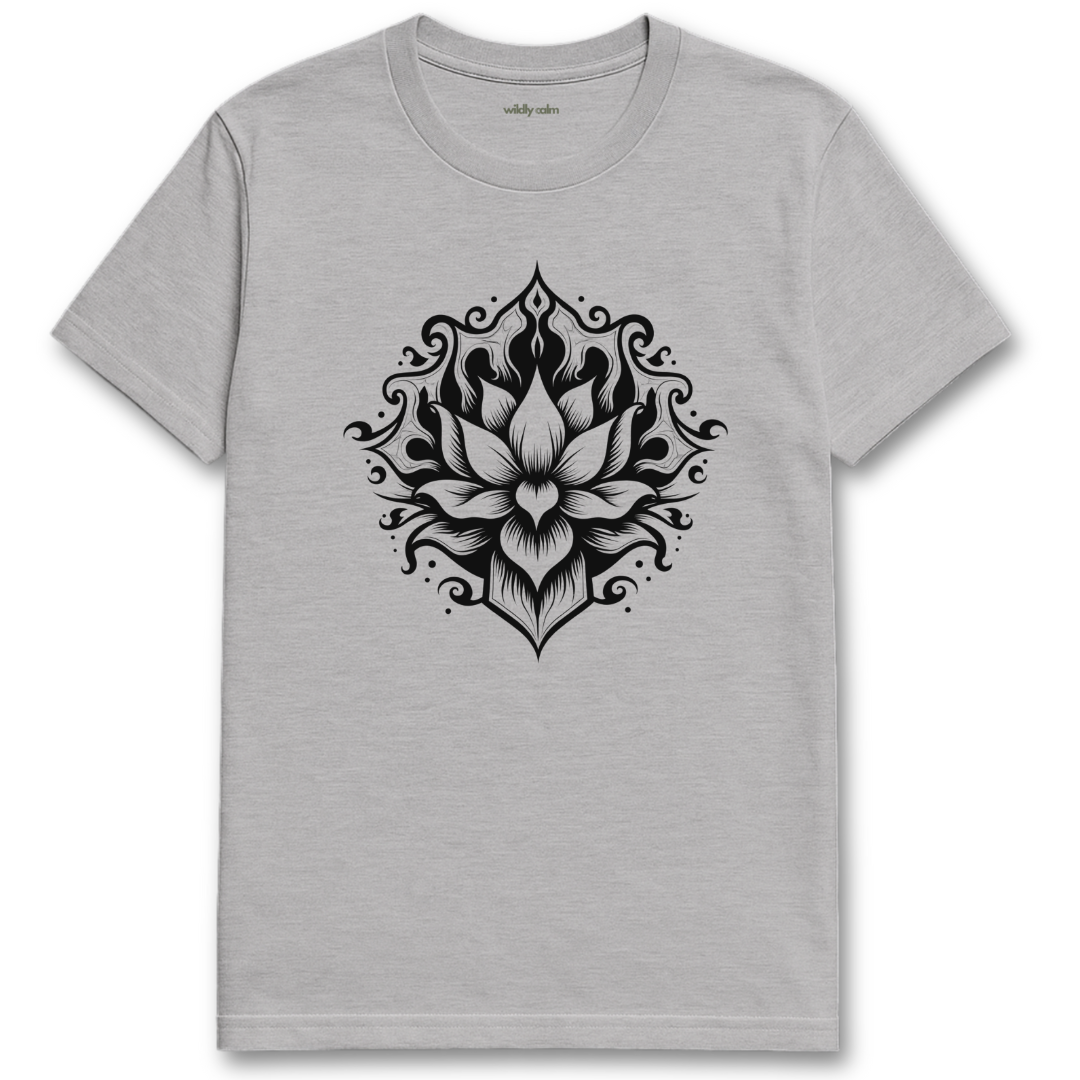 Mystic Lotus Sports Grey t-shirt with a black lotus flower design for yoga - Wildly Calm