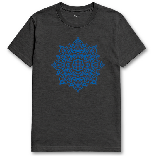 Mystic Mandala_Heather Dark Grey yoga t-shirt with a blue mandala design on a white background